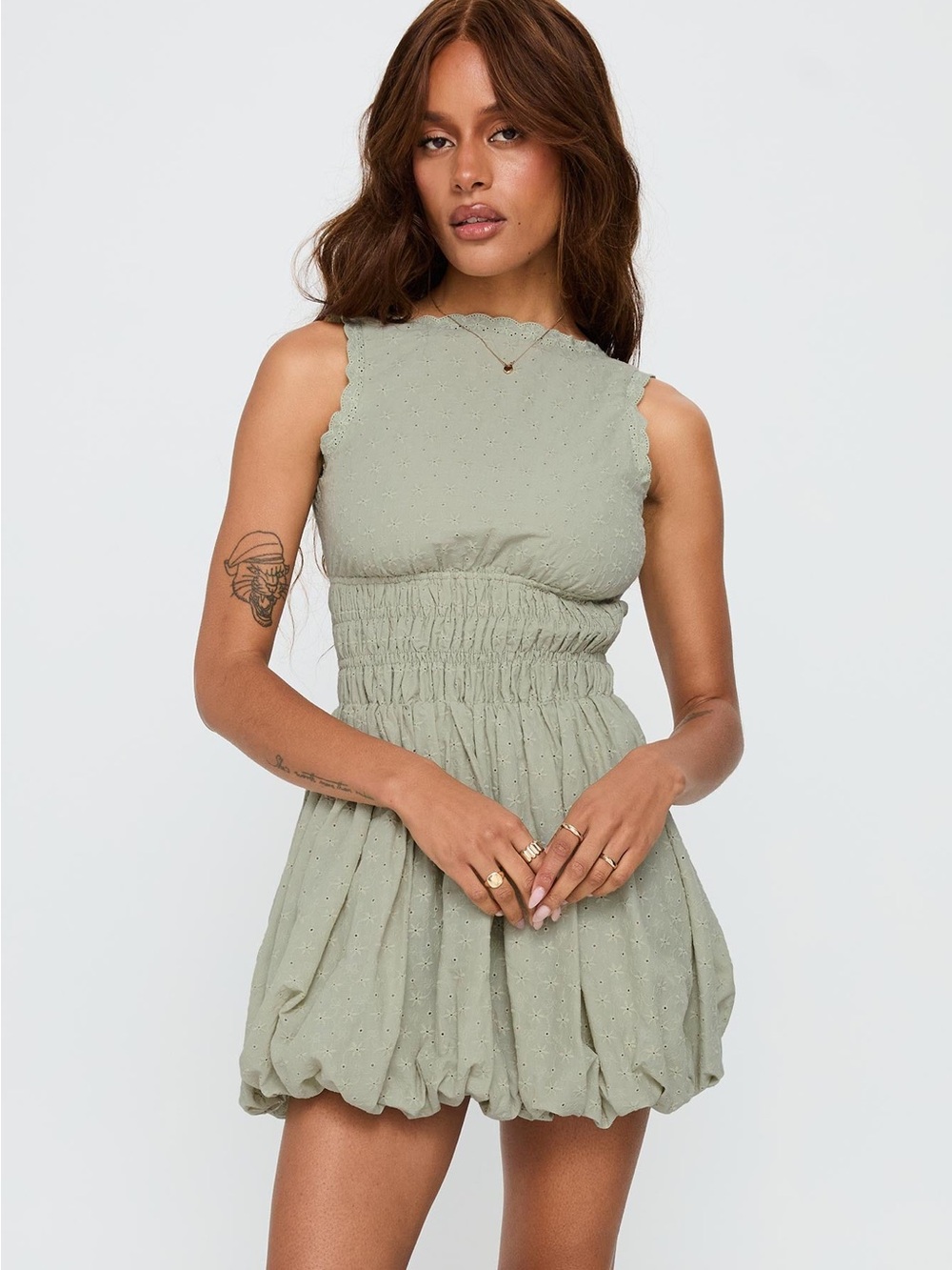 Princess Polly Vittoria Eyelet Bubble Hem Mini Dress Sage Green Smocked US Sz 8